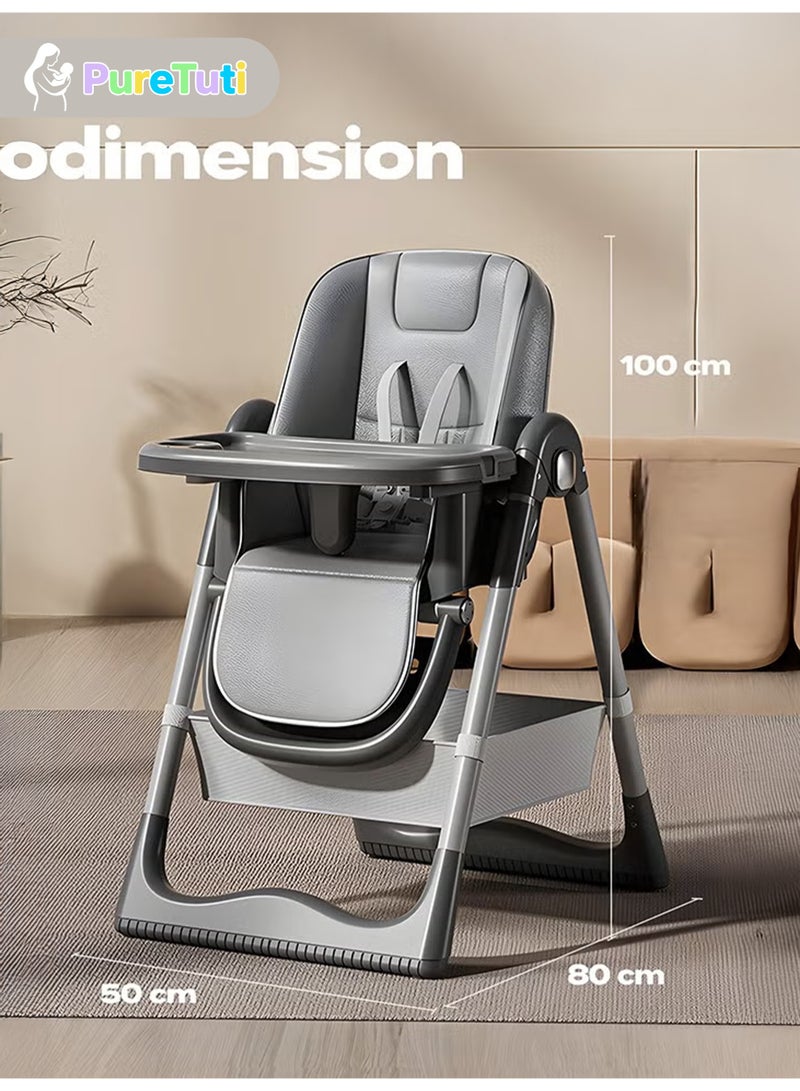 PureTuti 3 in 1 High Chair Baby Feeding Chair with 8 Height Adjustable, Footrest, Tray, 160° Recline, 5 Point Safety Belt & Wheels | Kids High Chair for Baby 0 Months to 6 Years (Grey) - Image 3