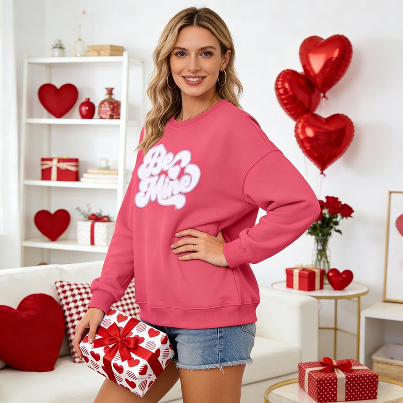 VILOVE Valentines Sweatshirts for Women Be Mine Glitter Patch Valentine Shirts Oversized Love Heart Sweater Holiday Outfits - Image 5