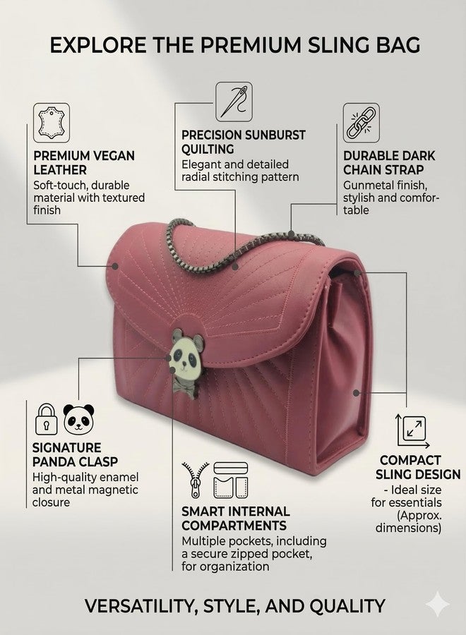 KRIFTY Quilted Sling Bag with Panda Clasp and Chain Strap Faux Leather, Crossbody Shoulder Bag For Women's/Girls (Pink) - Image 2