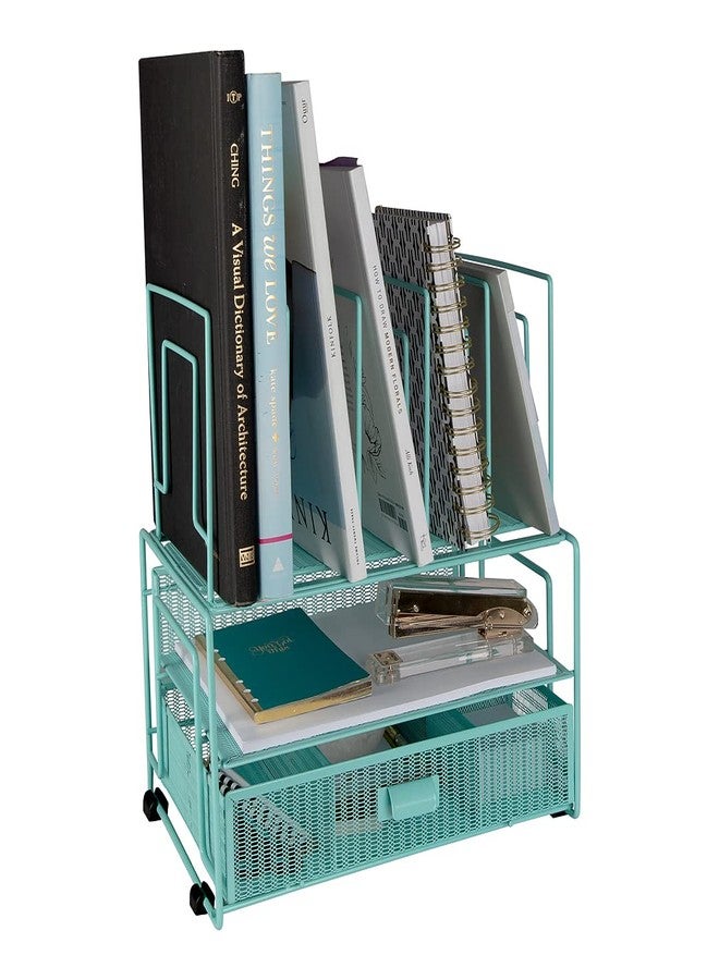 BLU MONACO Mint Green Desk Organizer With File Sorters and Drawer | Metal Mesh Desktop Storage for Office Supplies, Papers, Devices and Folders | 9.3”D x 12.5”W x 14”H All-In-One Workspace Holder - Image 1