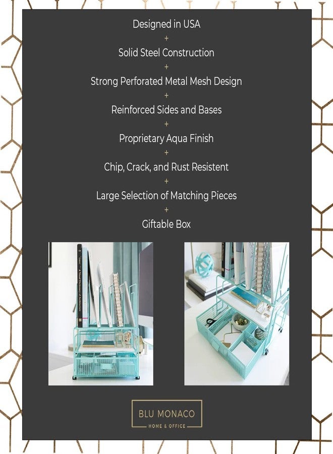 BLU MONACO Mint Green Desk Organizer With File Sorters and Drawer | Metal Mesh Desktop Storage for Office Supplies, Papers, Devices and Folders | 9.3”D x 12.5”W x 14”H All-In-One Workspace Holder - Image 3