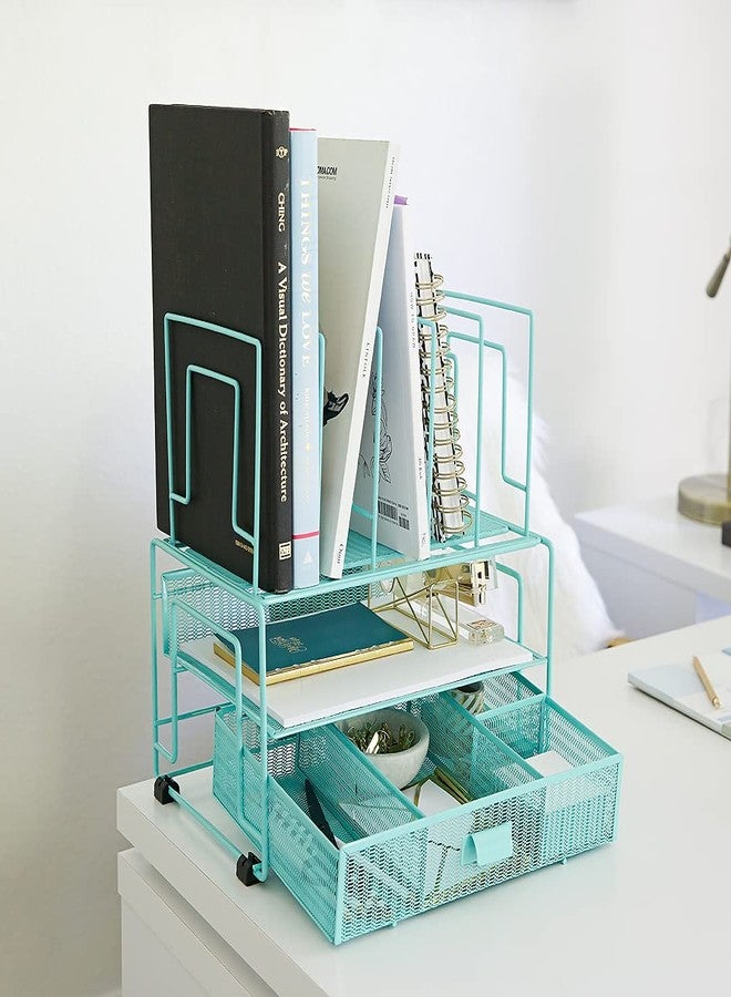 BLU MONACO Mint Green Desk Organizer With File Sorters and Drawer | Metal Mesh Desktop Storage for Office Supplies, Papers, Devices and Folders | 9.3”D x 12.5”W x 14”H All-In-One Workspace Holder - Image 4
