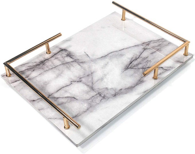 Decorative Tray MDF Tray with Marble Print Handmade Vanity Tray Perfume Tray with Gold Metal Handle Trinket Tray Catchall Tray for Dresser Bathroom Vanity Table Gray and White