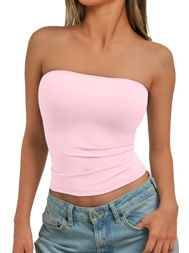 Trendy Queen Womens Strapless Tube Tops Basic Backless Sleeveless Bandeau Going Out Crop Tops Cute 2025 Summer Clothes Pink M - Image 2