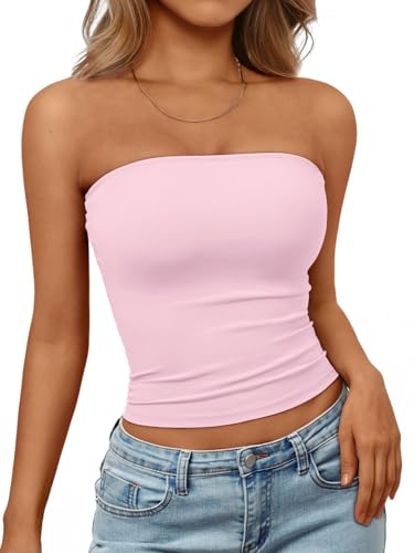 Trendy Queen Womens Strapless Tube Tops Basic Backless Sleeveless Bandeau Going Out Crop Tops Cute 2025 Summer Clothes Pink M - Image 3