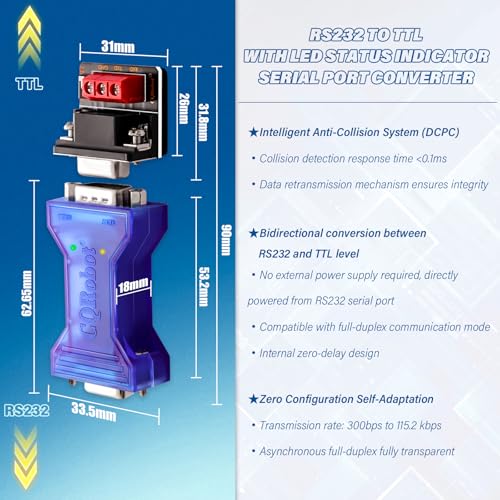CQRobot 5V/3.3V Passive RS-232 to TTL Serial Port Conversion Adapter with Status Indicator, Asynchronous Full-Duplex Fully Transparent Zero Delay, No RTS/DTR Handshake, 15kV ESD Protection. - Image 3