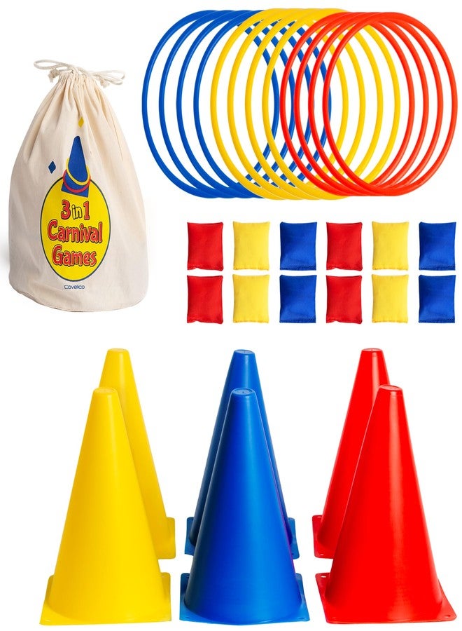 Covelico Ring Toss Game, Obstacle Course for Kids 3-5 & Birthday Party Games, Carnival Bean Bags for Tossing Gross Motor Toys for Toddlers 3-5, 12 Rings & 12 Bean Bags, 6 Cones for Kids, PE Equipment - Image 1