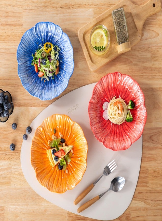 KeQiu 8-Inch Ceramic Dinner Plates, Set of 3 for Salad Dessert Appetizer Pasta | Decorative Plates for Home Decor, Jewelry Trays, Floral Design in Blue Pink Orange - Image 4