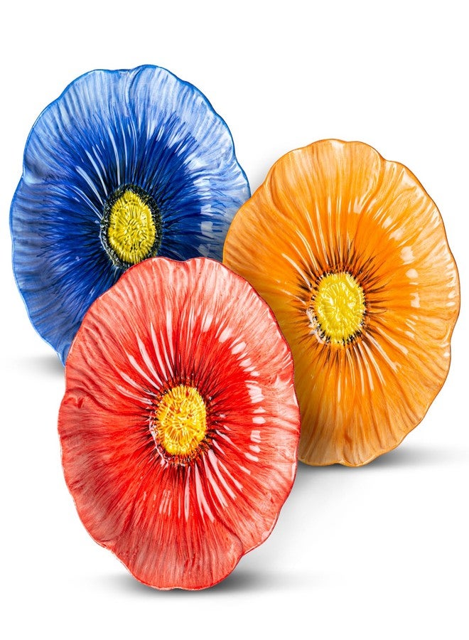 KeQiu 8-Inch Ceramic Dinner Plates, Set of 3 for Salad Dessert Appetizer Pasta | Decorative Plates for Home Decor, Jewelry Trays, Floral Design in Blue Pink Orange - Image 1