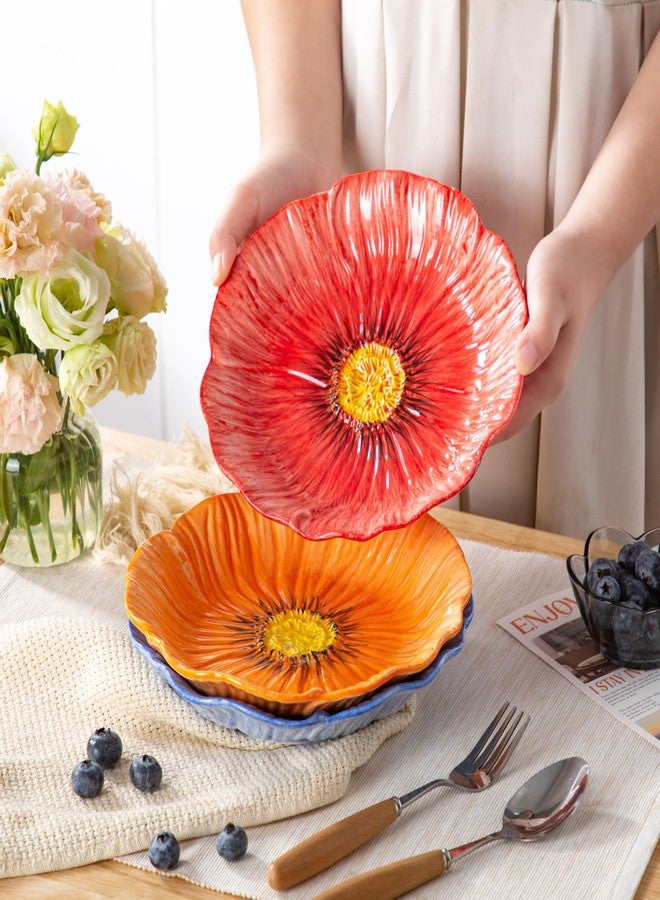 KeQiu 8-Inch Ceramic Dinner Plates, Set of 3 for Salad Dessert Appetizer Pasta | Decorative Plates for Home Decor, Jewelry Trays, Floral Design in Blue Pink Orange - Image 5