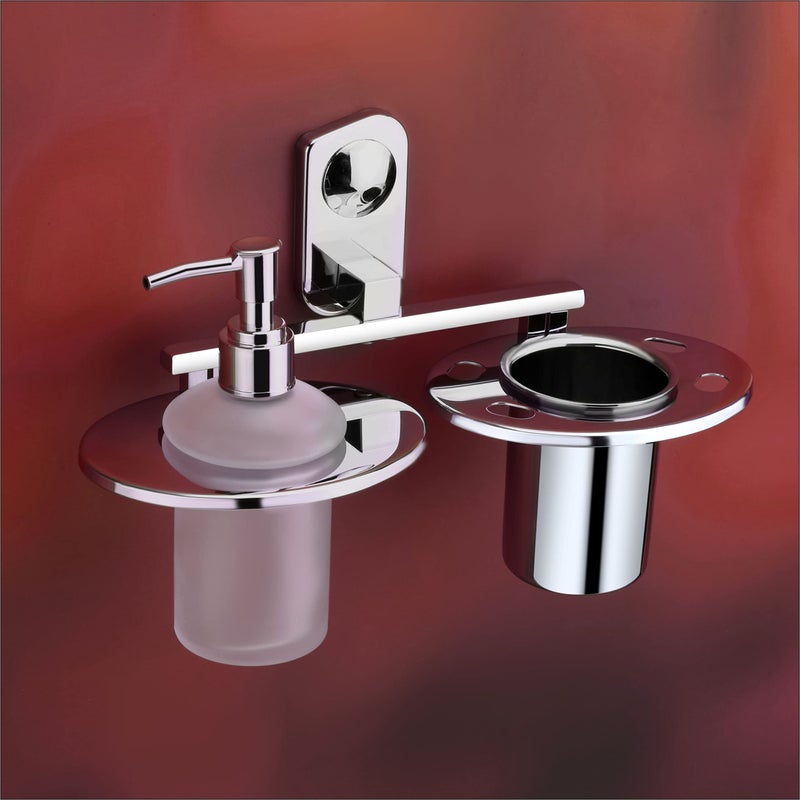 ORCE BATH ARTICLE soap Dispenser with Toothbrush Holder for washbasin Liquid Dispenser and Brush Holder for Bathroom Tumbler Holders dispensers(304 Stainless Steel,Chrome Finish,Frosted Glass) CM25 - Image 1