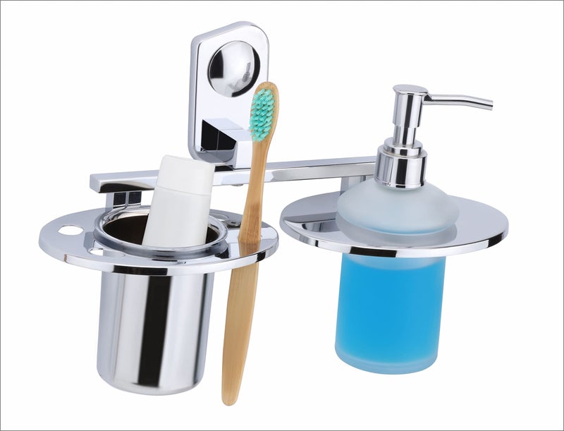 ORCE BATH ARTICLE soap Dispenser with Toothbrush Holder for washbasin Liquid Dispenser and Brush Holder for Bathroom Tumbler Holders dispensers(304 Stainless Steel,Chrome Finish,Frosted Glass) CM25 - Image 2