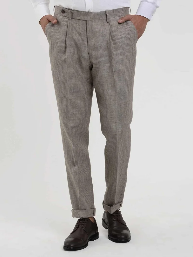 دوفي Brown Men's Slim Fit Striped Linen Trousers - 104544