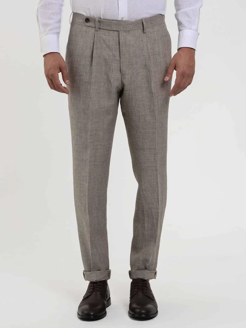 دوفي Brown Men's Slim Fit Striped Linen Trousers - 104544