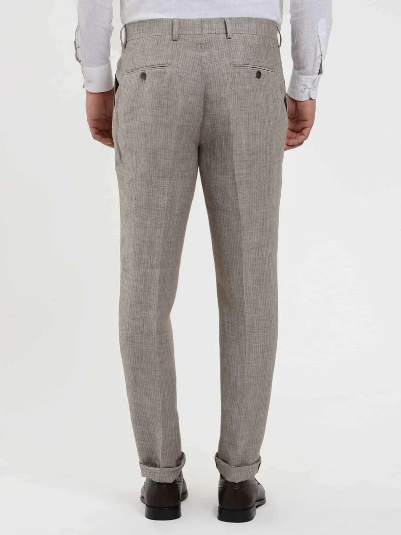 دوفي Brown Men's Slim Fit Striped Linen Trousers - 104544