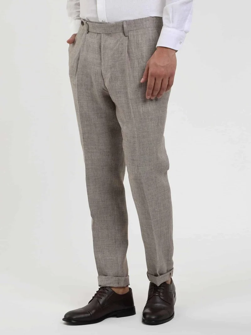 دوفي Brown Men's Slim Fit Striped Linen Trousers - 104544