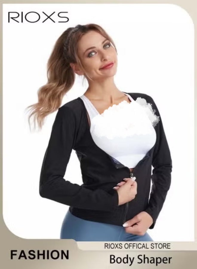 RIOXS Women's Sauna Suit, Sweat Body Shaper Jacket Long Sleeves Hot Waist Trainer for Ladies, Lightweight Comfortable Compression Shapewear Tops, Underbust Tummy Control Body Shaper Corset with Zipper, Sweat Fitness Shirt, Sauna Effect Tops, Weight Loss Waist Trainer for Ggym, Fitness, Running, Cycling, Jogging and More - Image 2