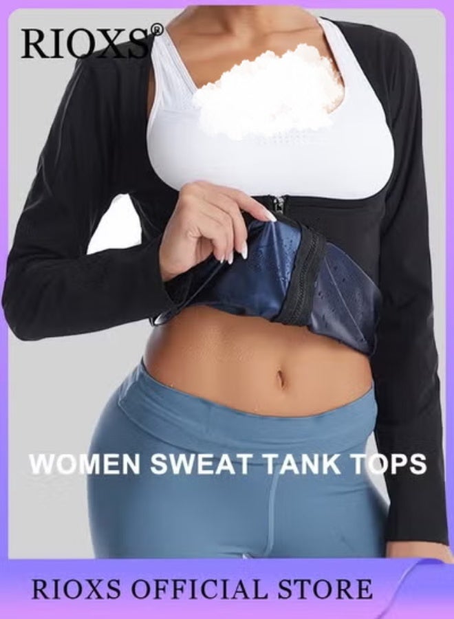 RIOXS Women's Sauna Suit, Sweat Body Shaper Jacket Long Sleeves Hot Waist Trainer for Ladies, Lightweight Comfortable Compression Shapewear Tops, Underbust Tummy Control Body Shaper Corset with Zipper, Sweat Fitness Shirt, Sauna Effect Tops, Weight Loss Waist Trainer for Ggym, Fitness, Running, Cycling, Jogging and More - Image 1