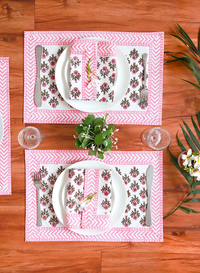 OJARIYA 12 Piece Cherry Pink Hand Block Printed 100 Percent Canvas Cotton Table Placemats & Soft Cotton Napkin Set - Image 2