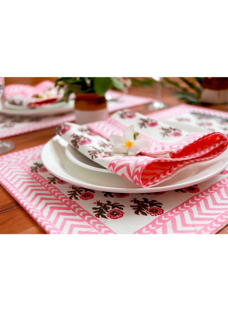OJARIYA 12 Piece Cherry Pink Hand Block Printed 100 Percent Canvas Cotton Table Placemats & Soft Cotton Napkin Set - Image 4