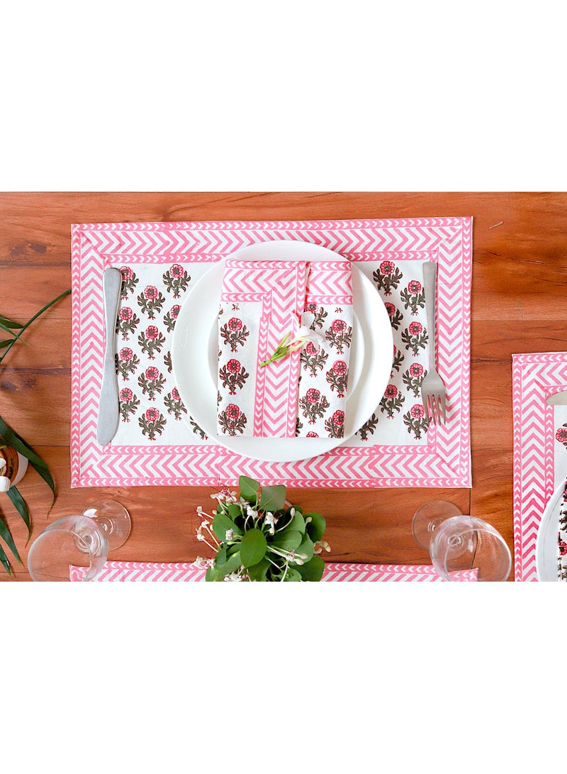 OJARIYA 12 Piece Cherry Pink Hand Block Printed 100 Percent Canvas Cotton Table Placemats & Soft Cotton Napkin Set - Image 3