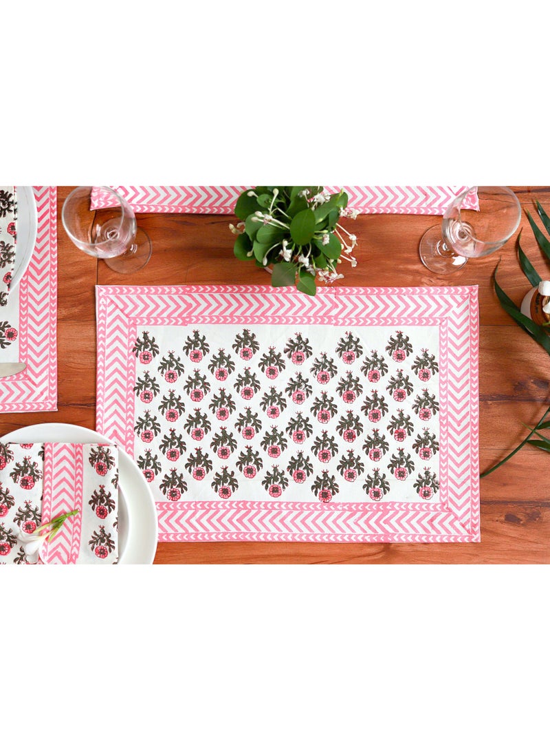 OJARIYA 12 Piece Cherry Pink Hand Block Printed 100 Percent Canvas Cotton Table Placemats & Soft Cotton Napkin Set - Image 1