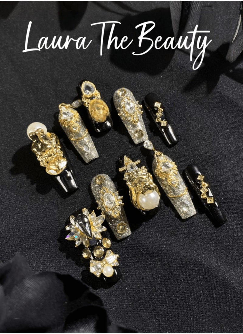 LauraTheBeauty - 【GoldenMuse】10 Pcs Rhinestone Nail Art False Nails Short Square Fake Nails Press on Nails with Wearing Tools - Image 1