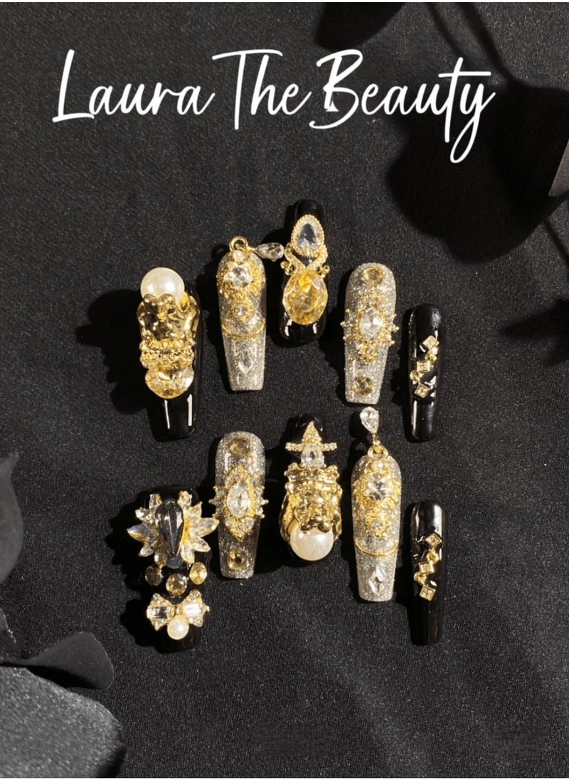 LauraTheBeauty - 【GoldenMuse】10 Pcs Rhinestone Nail Art False Nails Short Square Fake Nails Press on Nails with Wearing Tools - Image 1