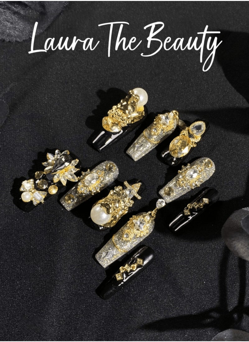 LauraTheBeauty - 【GoldenMuse】10 Pcs Rhinestone Nail Art False Nails Short Square Fake Nails Press on Nails with Wearing Tools - Image 1