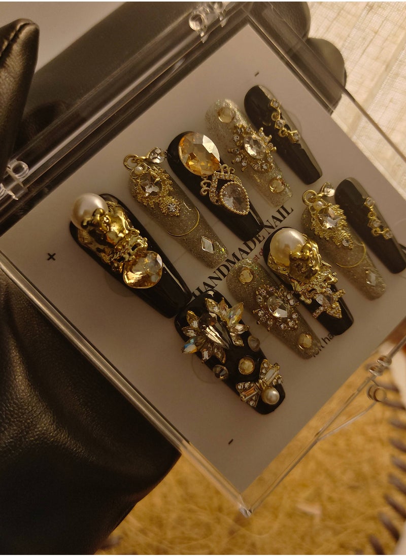 LauraTheBeauty - 【GoldenMuse】10 Pcs Rhinestone Nail Art False Nails Short Square Fake Nails Press on Nails with Wearing Tools - Image 1