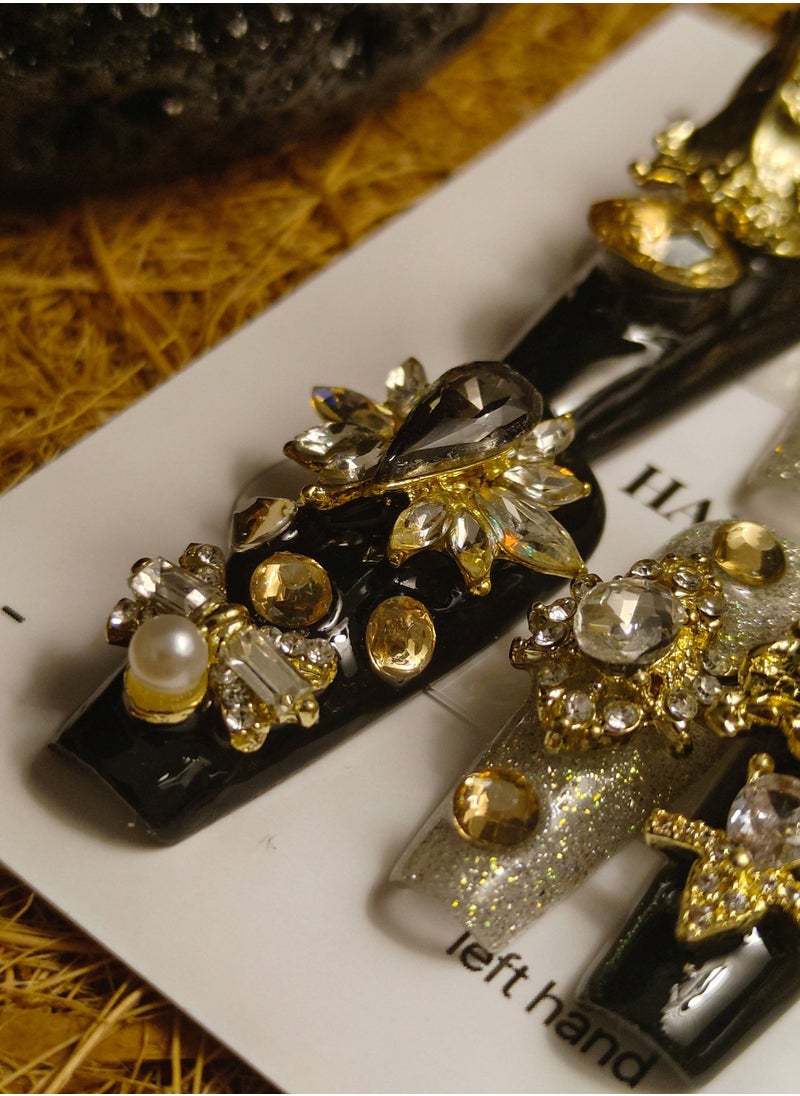 LauraTheBeauty - 【GoldenMuse】10 Pcs Rhinestone Nail Art False Nails Short Square Fake Nails Press on Nails with Wearing Tools - Image 1