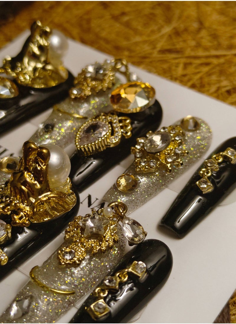 LauraTheBeauty - 【GoldenMuse】10 Pcs Rhinestone Nail Art False Nails Short Square Fake Nails Press on Nails with Wearing Tools - Image 1