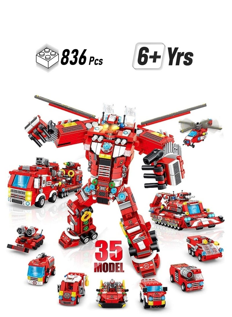 Fire Robot STEM Building Toys, 836 PCS Creative Construction Truck Blocks Toys, 35 in 1 STEM Educational Building Bricks City Fire Rescue Vehicles Kit Gift for Kids for Boys Age 6+ Year Old