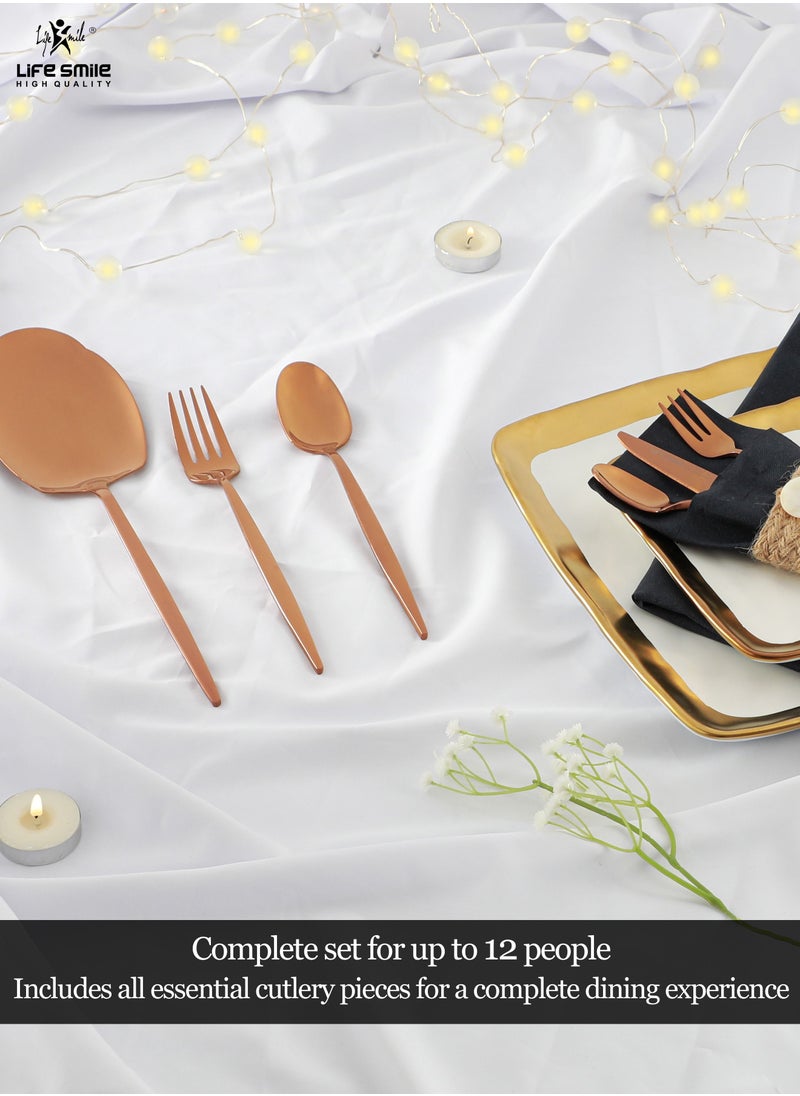 Life Smile - 50 Pieces Cutlery Set for 12 Person,Pure Stainless Steel,Mirror Polished Set Include Dinner Spoon/Tea Spoon/Dinner Fork/Cake Fork/Dinner Knife/Fruit Knife/Rice Server (SHINE ROSE GOLD) - Image 1