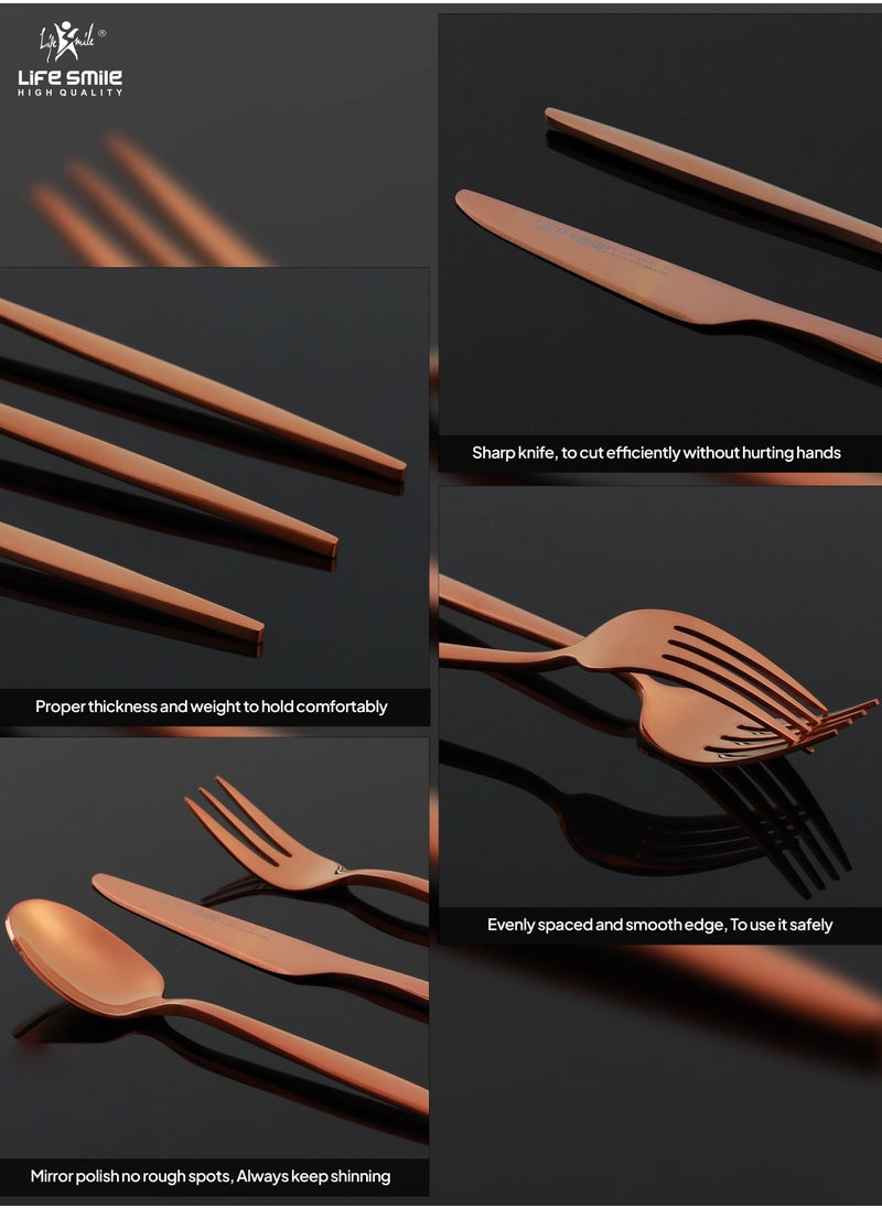 Life Smile - 50 Pieces Cutlery Set for 12 Person,Pure Stainless Steel,Mirror Polished Set Include Dinner Spoon/Tea Spoon/Dinner Fork/Cake Fork/Dinner Knife/Fruit Knife/Rice Server (SHINE ROSE GOLD) - Image 1