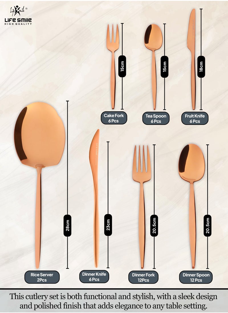 Life Smile - 50 Pieces Cutlery Set for 12 Person,Pure Stainless Steel,Mirror Polished Set Include Dinner Spoon/Tea Spoon/Dinner Fork/Cake Fork/Dinner Knife/Fruit Knife/Rice Server (SHINE ROSE GOLD) - Image 1
