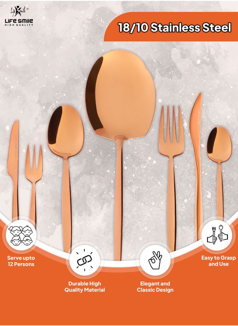 Life Smile - 50 Pieces Cutlery Set for 12 Person,Pure Stainless Steel,Mirror Polished Set Include Dinner Spoon/Tea Spoon/Dinner Fork/Cake Fork/Dinner Knife/Fruit Knife/Rice Server (SHINE ROSE GOLD) - Image 1