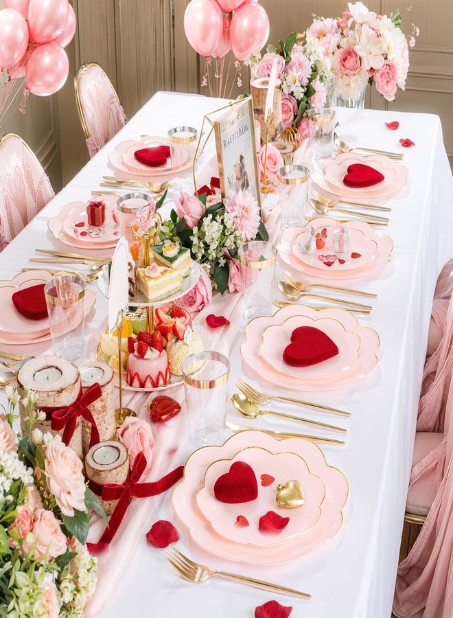 ejonirinjonir EI 180pcs Pink Plastic Plates with Gold Plastic Silverware,Party Plates Disposable,Pink Dinnerware Set for Afternoon Tea,Wedding,Birthday,Easter,Spring,Mother's Day,Valentine's Day - Image 3