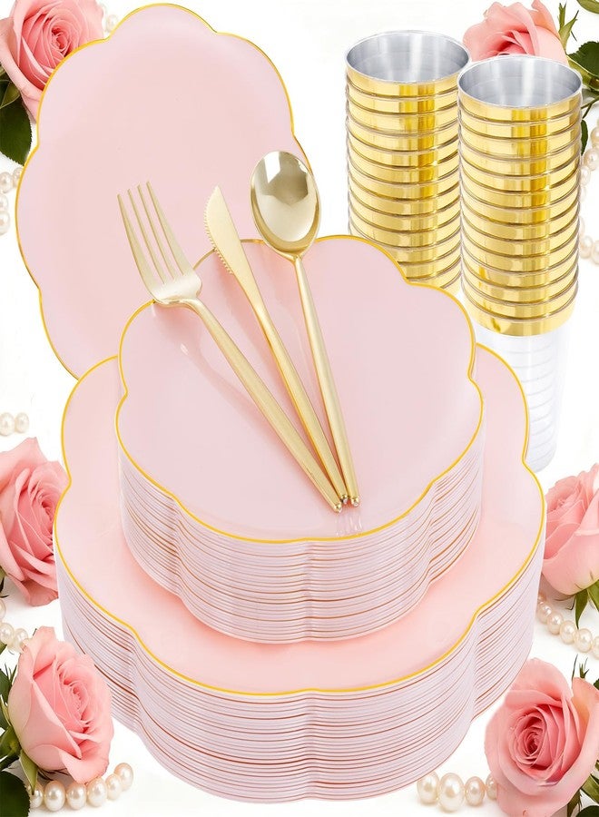 ejonirinjonir EI 180pcs Pink Plastic Plates with Gold Plastic Silverware,Party Plates Disposable,Pink Dinnerware Set for Afternoon Tea,Wedding,Birthday,Easter,Spring,Mother's Day,Valentine's Day - Image 1