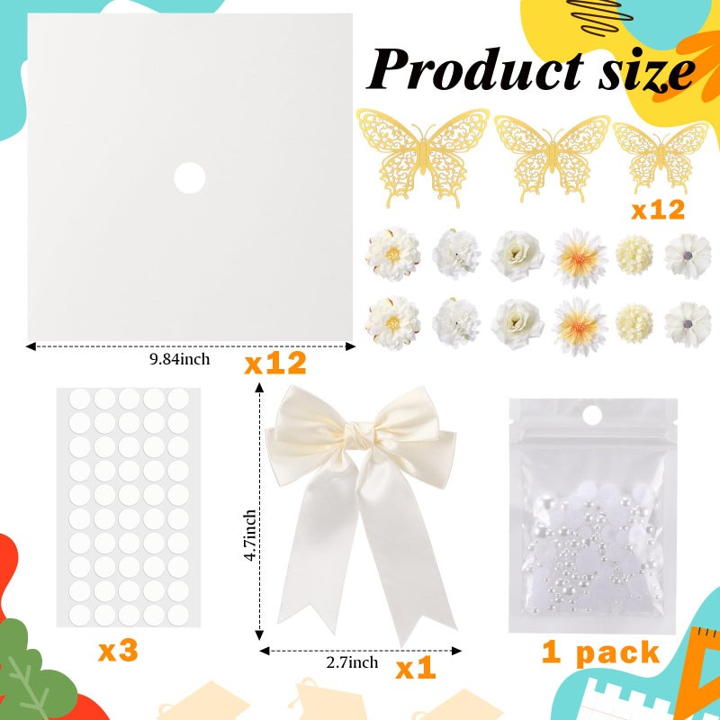 MotiMind 41 Pcs DIY Graduation Grad Cap Decoration Kit 12 Cream Construction Paper with Artificial Flower Heads 3D Butterfly Stickers Pearl Adhesive Dots Bow for DIY Grad Cap Topper (Beige) - Image 3