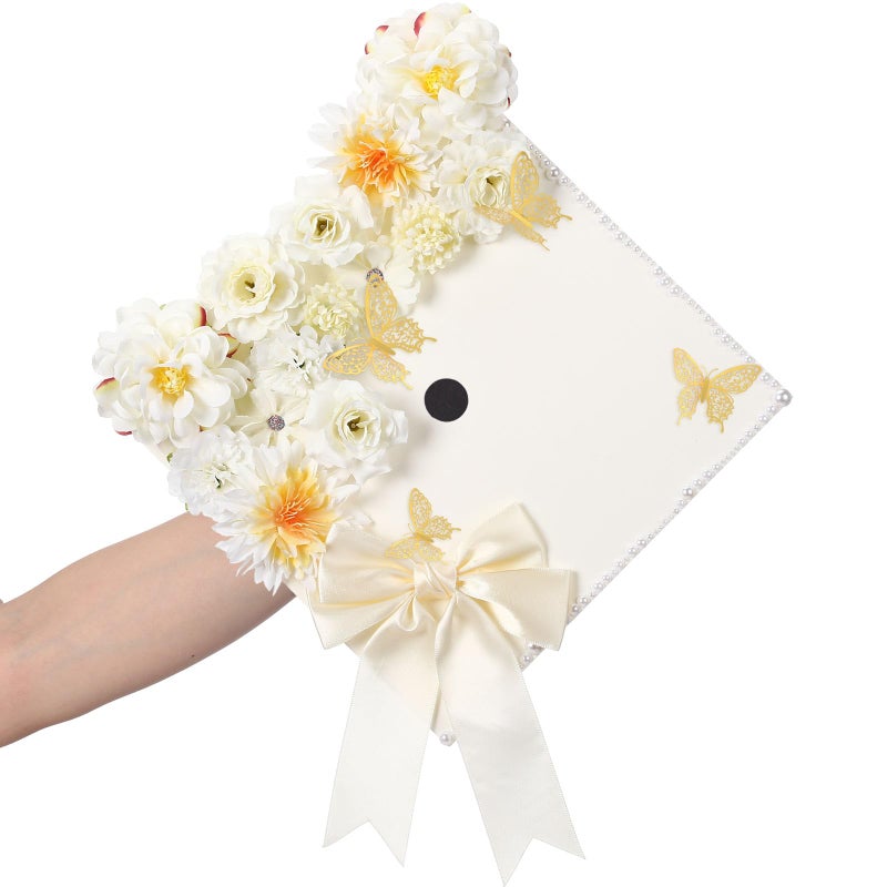 MotiMind 41 Pcs DIY Graduation Grad Cap Decoration Kit 12 Cream Construction Paper with Artificial Flower Heads 3D Butterfly Stickers Pearl Adhesive Dots Bow for DIY Grad Cap Topper (Beige) - Image 2