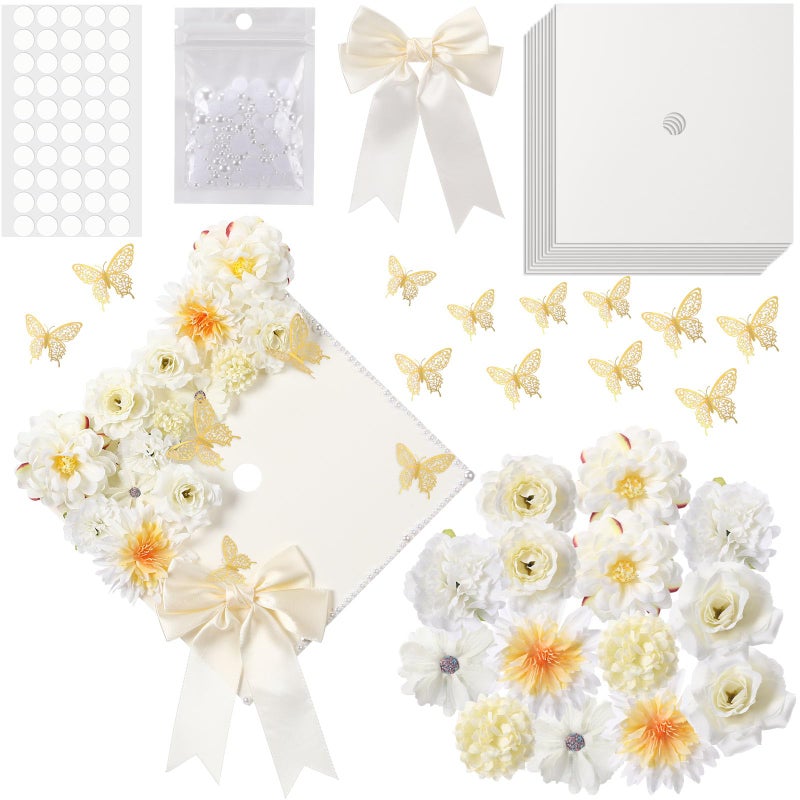 MotiMind 41 Pcs DIY Graduation Grad Cap Decoration Kit 12 Cream Construction Paper with Artificial Flower Heads 3D Butterfly Stickers Pearl Adhesive Dots Bow for DIY Grad Cap Topper (Beige) - Image 1