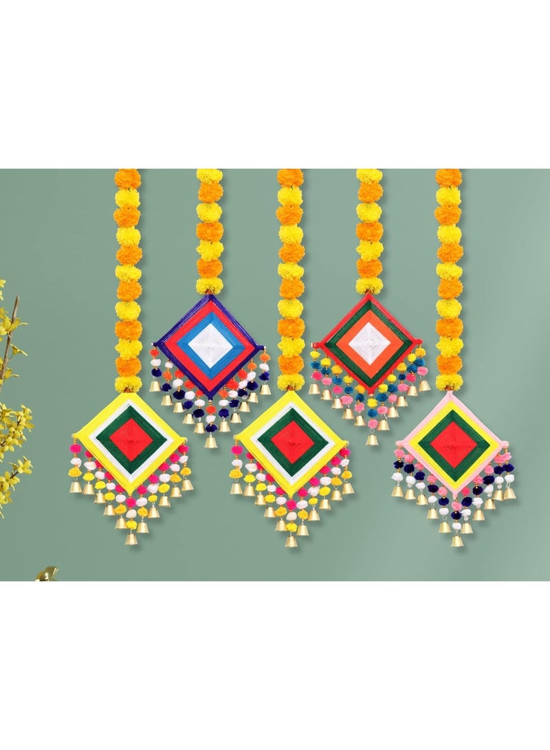 JH Gallery Handmade Artificial Marigold Fluffy Flowers Colorful Woolen Kite Bells Hanging (44 Inches Height Approx. Pack of 5) - Image 1