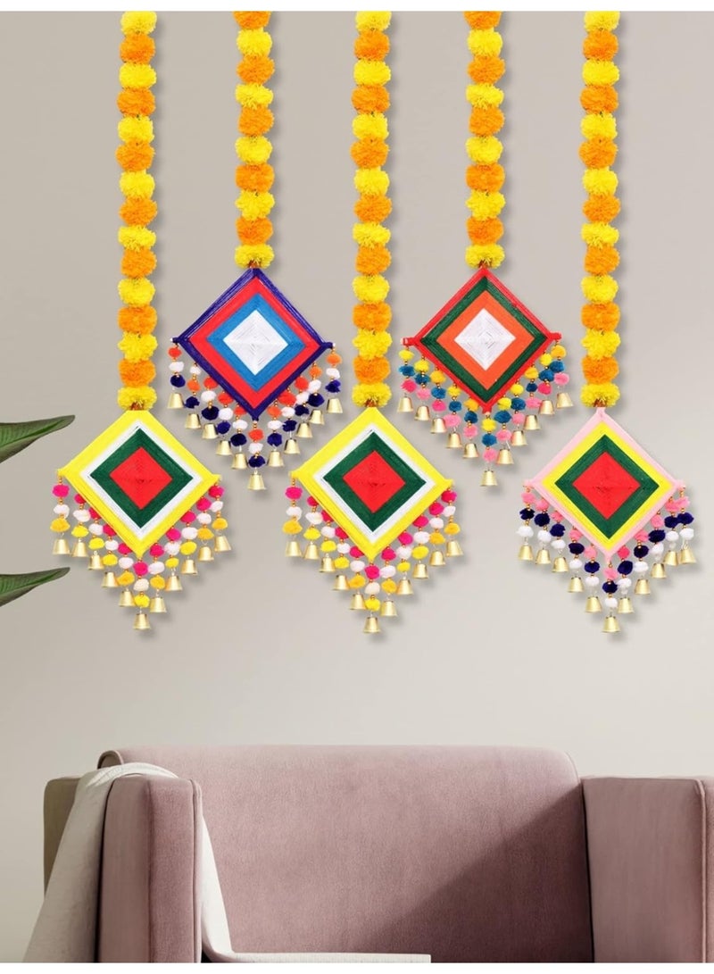 JH Gallery Handmade Artificial Marigold Fluffy Flowers Colorful Woolen Kite Bells Hanging (44 Inches Height Approx. Pack of 5) - Image 4