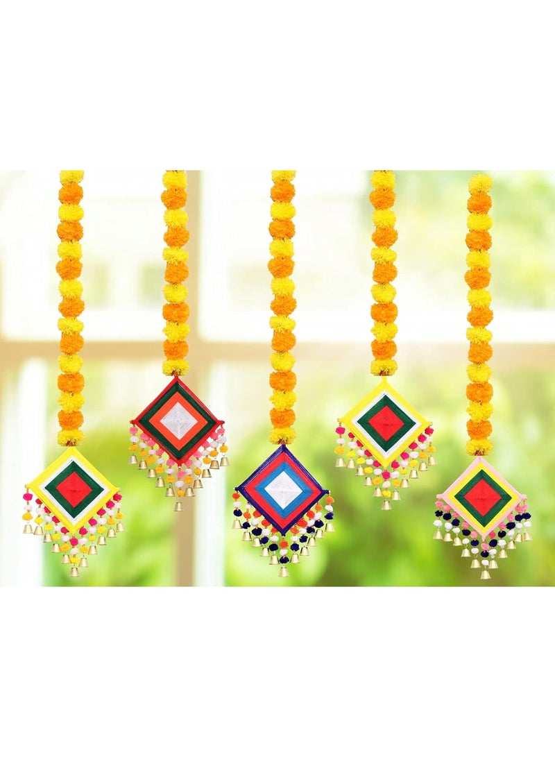 JH Gallery Handmade Artificial Marigold Fluffy Flowers Colorful Woolen Kite Bells Hanging (44 Inches Height Approx. Pack of 5) - Image 5