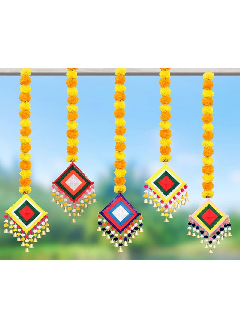 JH Gallery Handmade Artificial Marigold Fluffy Flowers Colorful Woolen Kite Bells Hanging (44 Inches Height Approx. Pack of 5) - Image 3