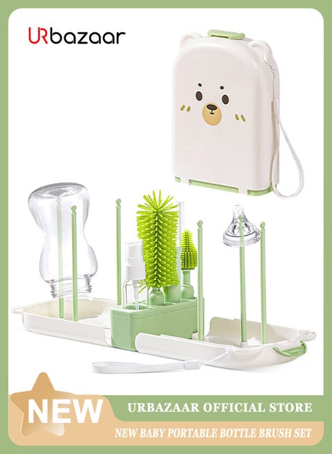 مجموعة تنظيف زجاجات الأطفال 6 في 1 مع فرشاة سيليكون وفرشاة حلمة وفرشاة قش ورف تجفيف (دب أخضر)
