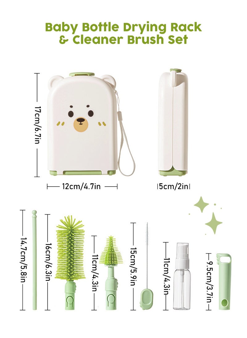 مجموعة تنظيف زجاجات الأطفال 6 في 1 مع فرشاة سيليكون وفرشاة حلمة وفرشاة قش ورف تجفيف (دب أخضر)