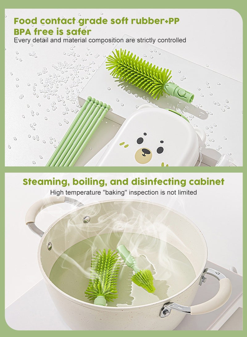 مجموعة تنظيف زجاجات الأطفال 6 في 1 مع فرشاة سيليكون وفرشاة حلمة وفرشاة قش ورف تجفيف (دب أخضر)