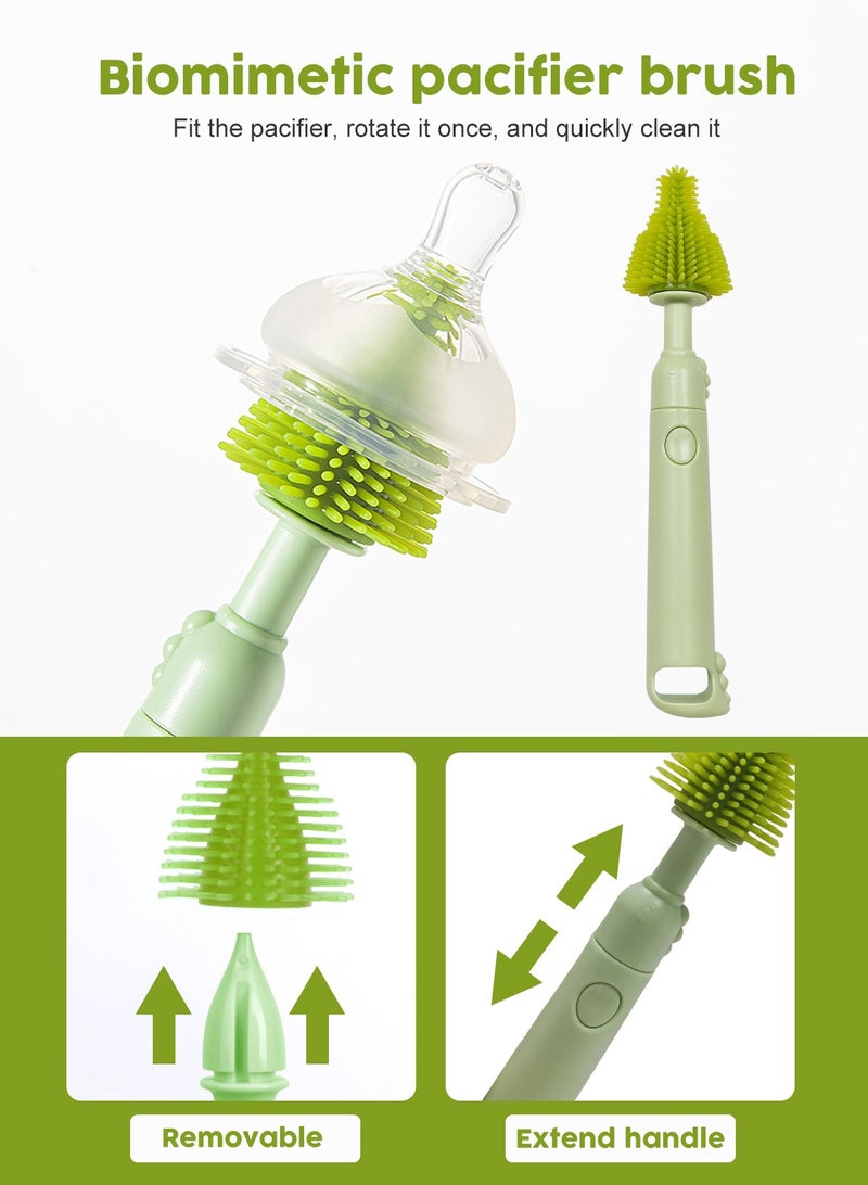 مجموعة تنظيف زجاجات الأطفال 6 في 1 مع فرشاة سيليكون وفرشاة حلمة وفرشاة قش ورف تجفيف (دب أخضر)